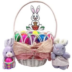 Vintage 80's Easter White Shabby Chic Wicker‎ Rattan Basket Eggs Bunny